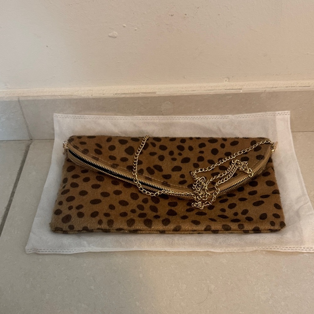 Leopard Print Clutch with Gold Chain